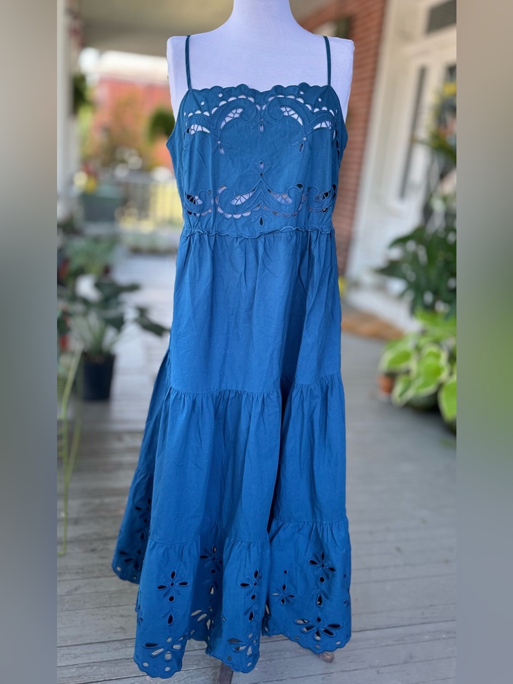 French Blue Eyelet cotton Tiered Maxi Dress with Spaghetti Straps